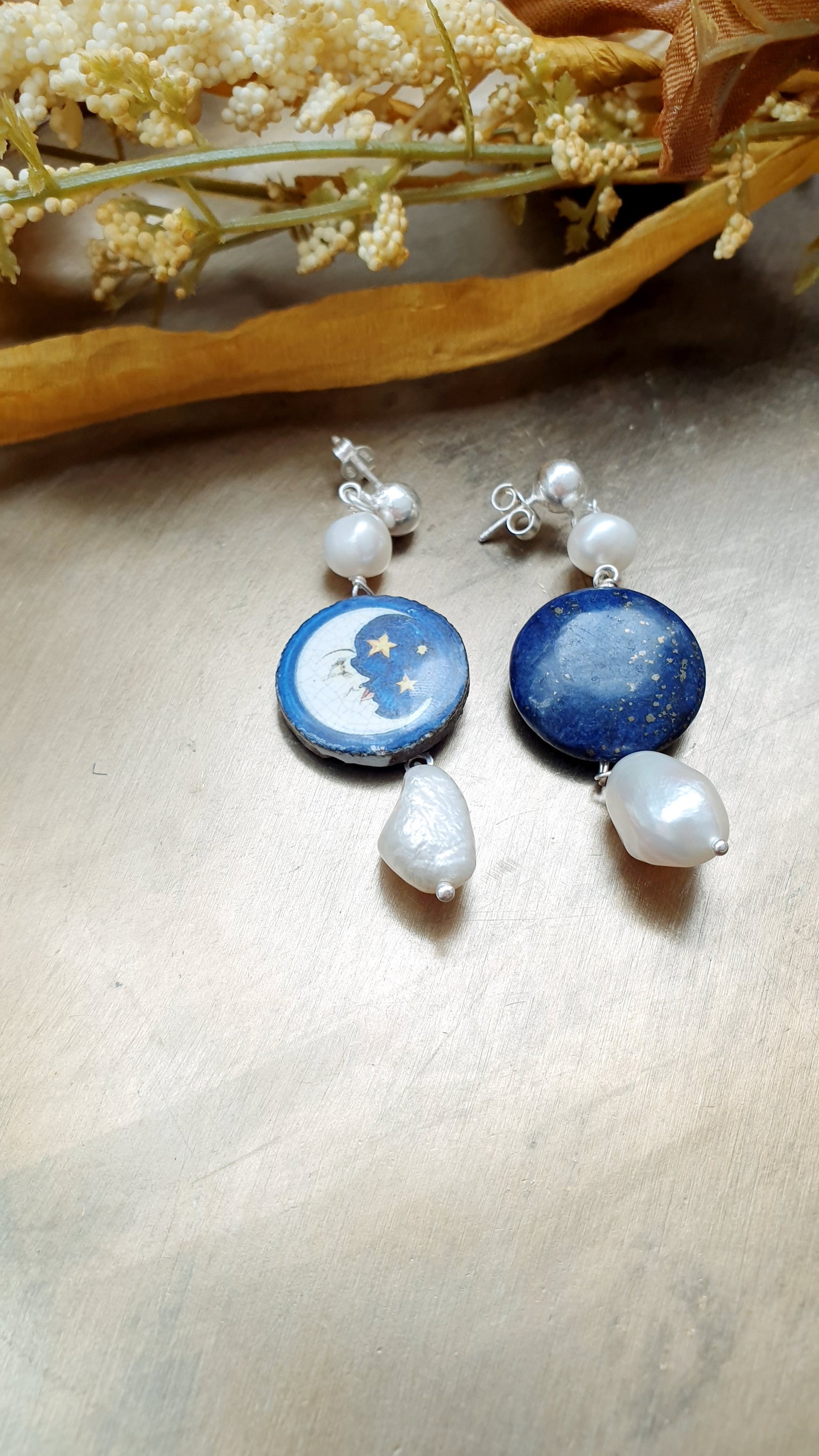 Orecchini in argento 925 con ceramica di caltagirone e lapis.