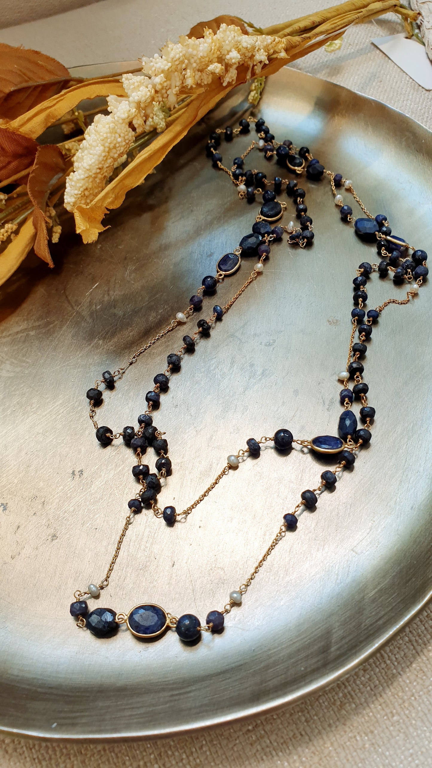 Lunga collana in argento 925 con agata blu