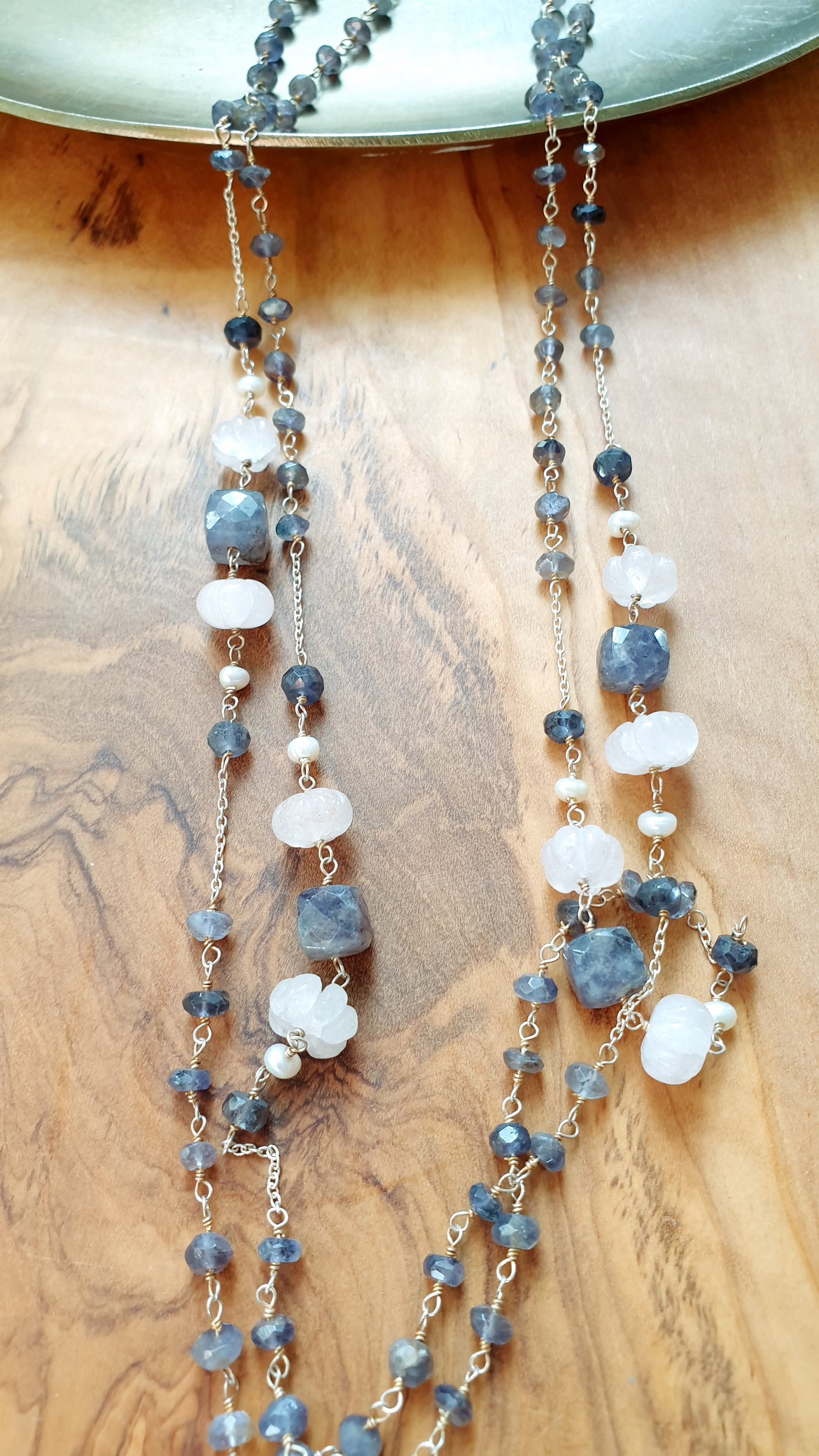 Lunga collana in argento con labradorite e morganite