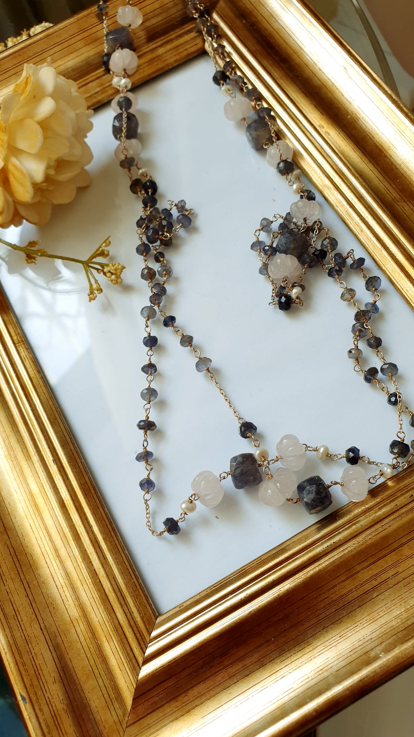 Lunga collana in argento con labradorite e morganite