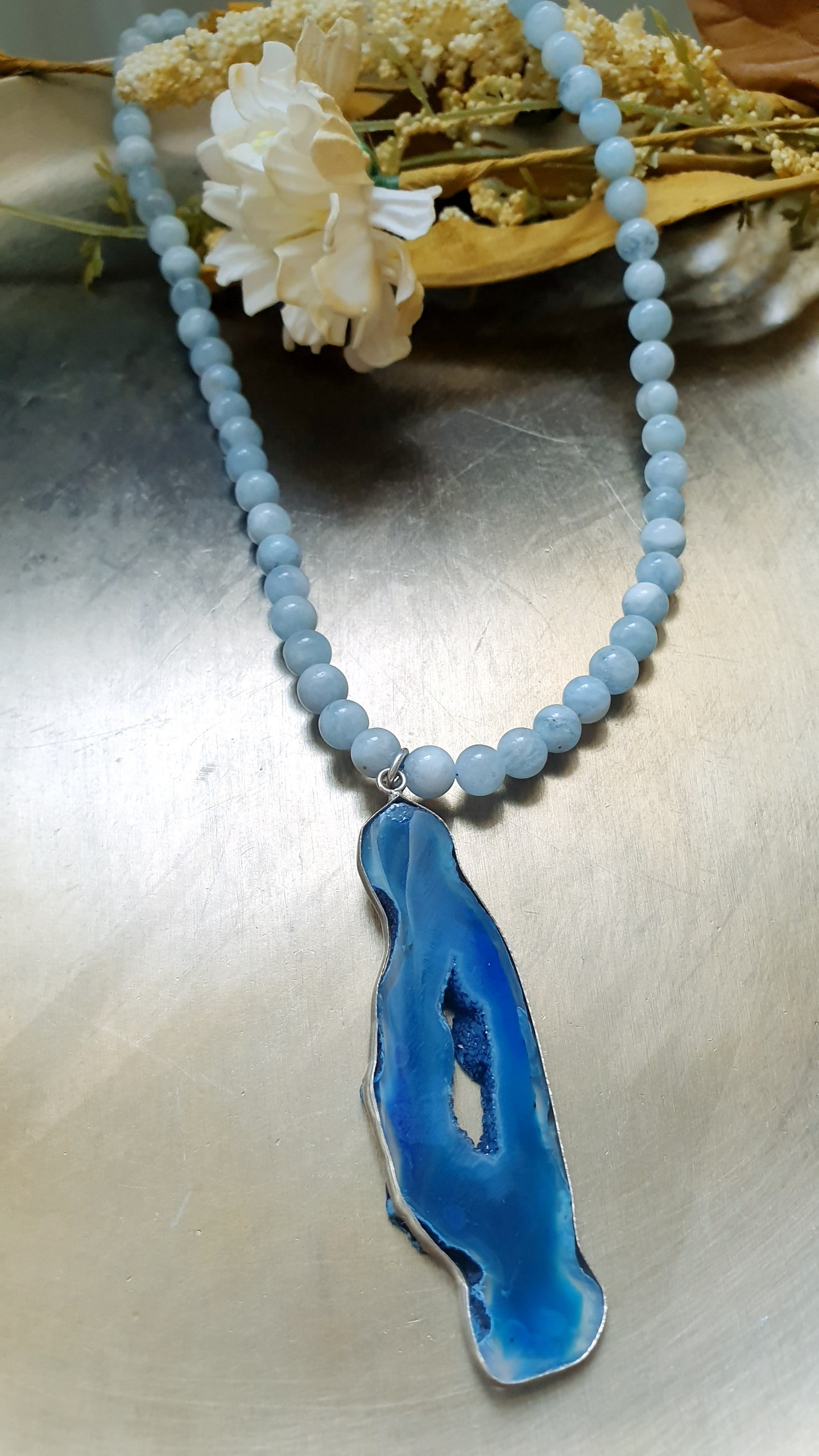 Collana in argento con acquamarina e drusa di agata