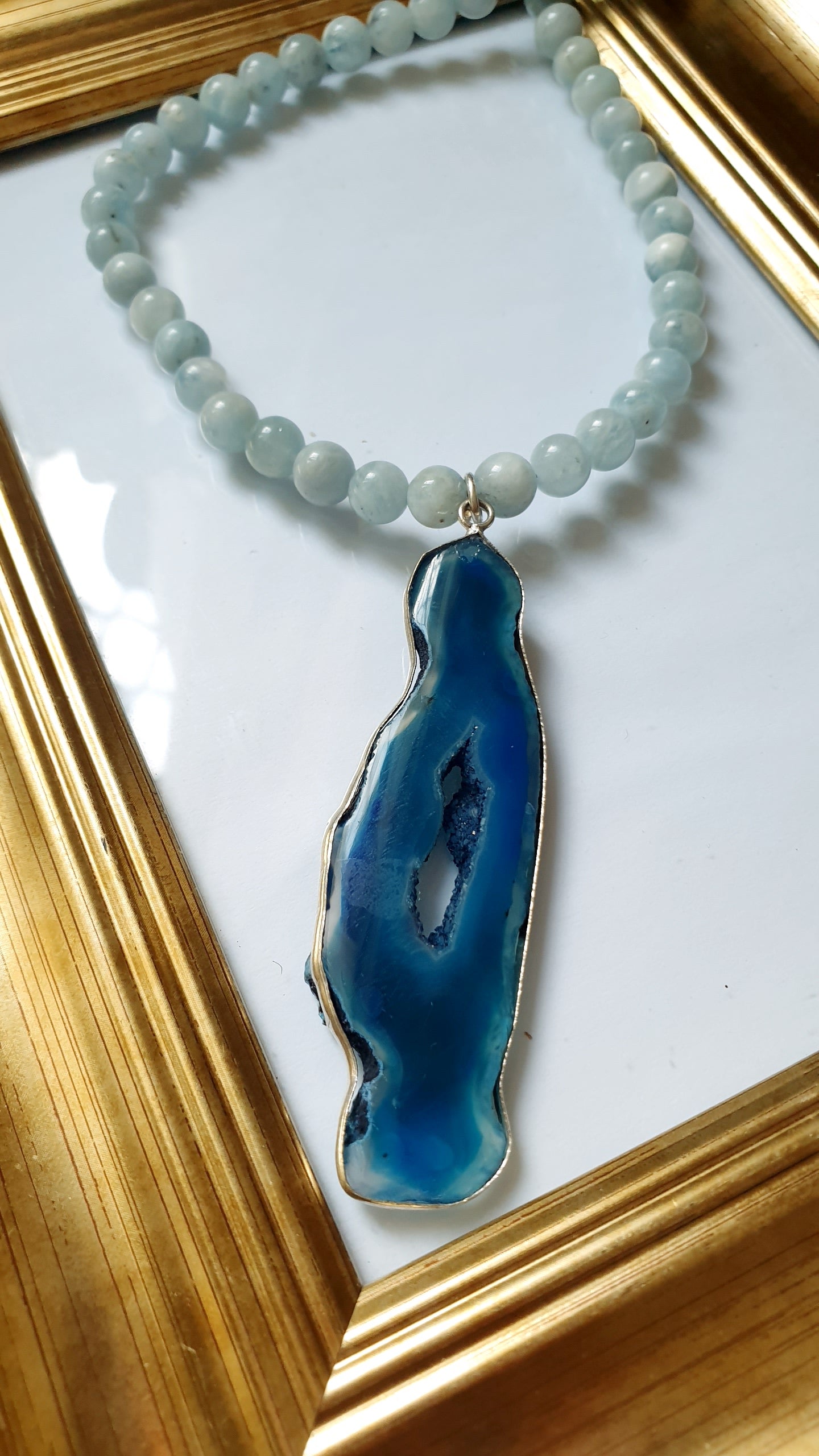 Collana in argento con acquamarina e drusa di agata