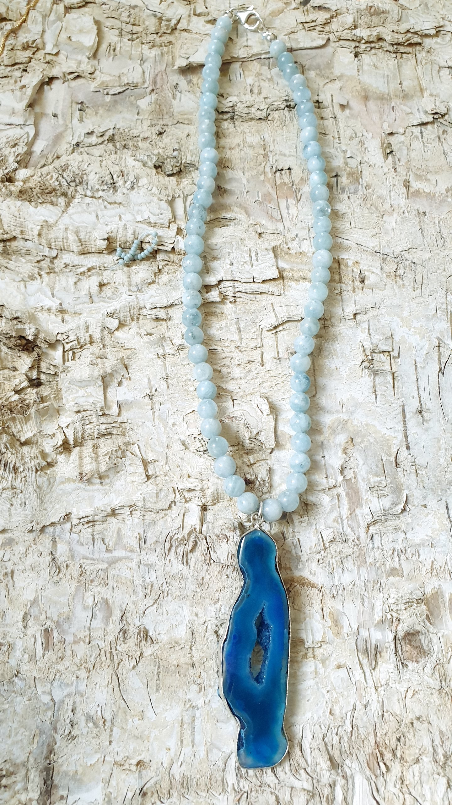 Collana in argento con acquamarina e drusa di agata