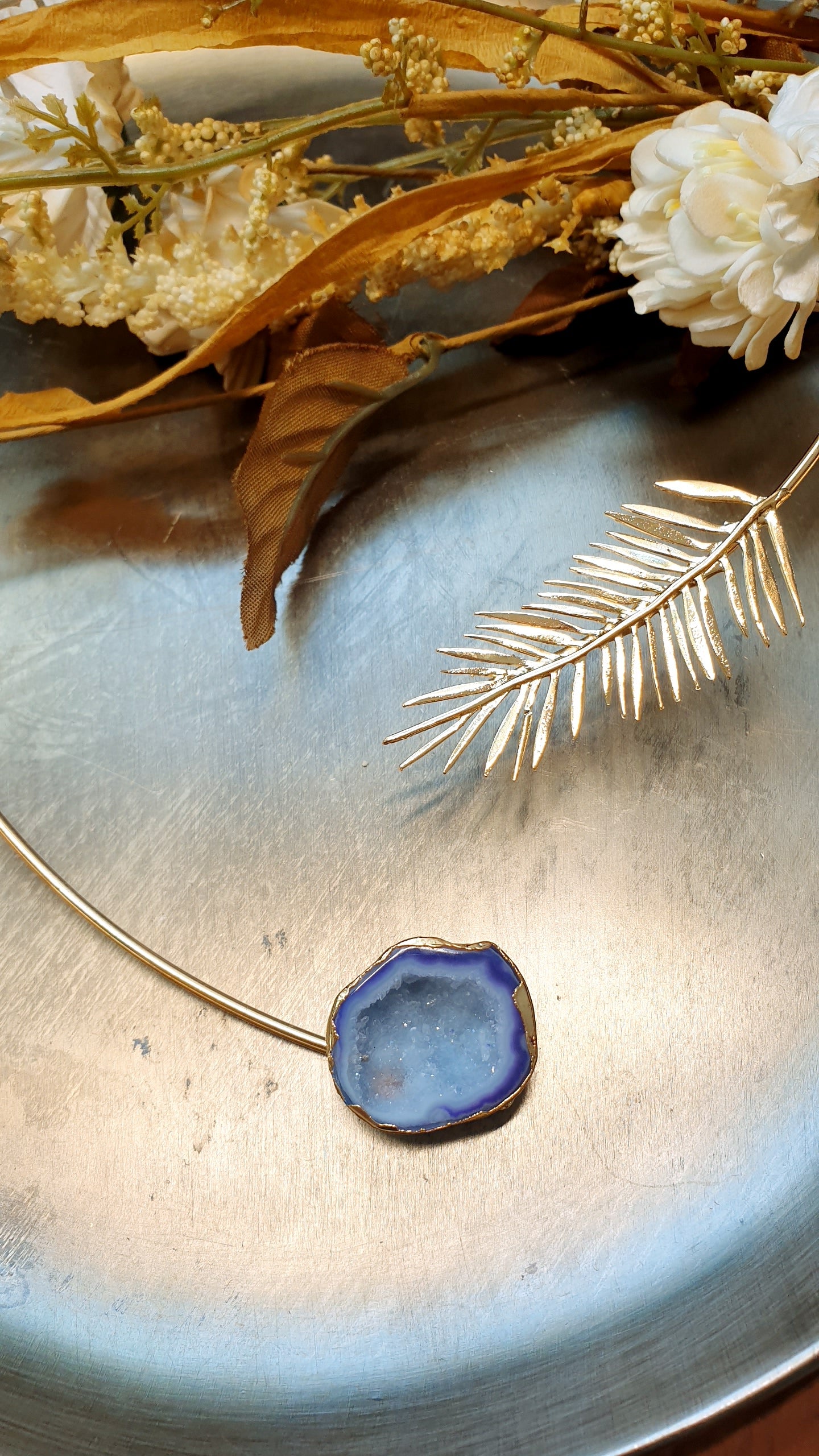 Collana placcata oro con drusa di agata