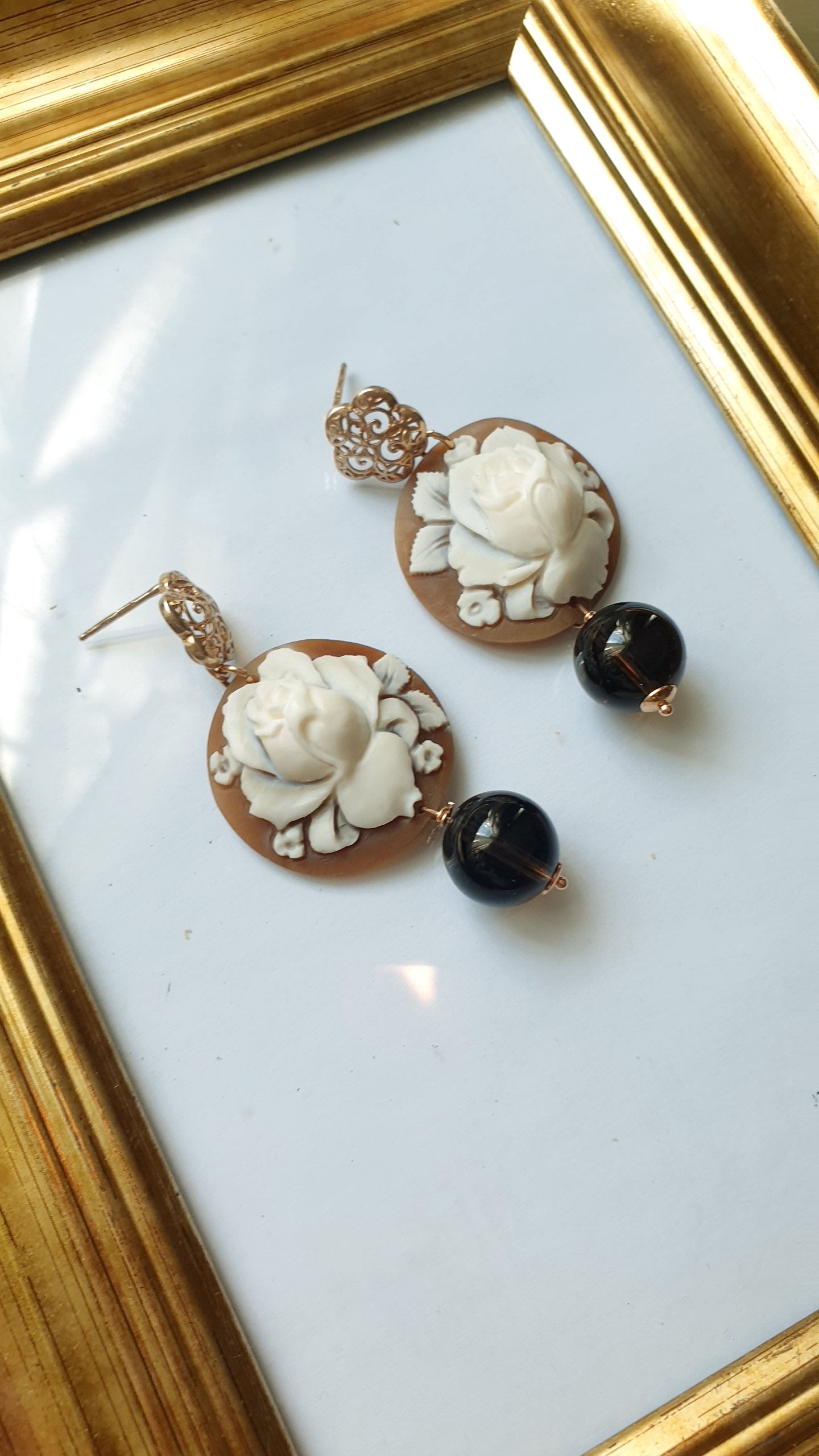 Orecchini in argento con cammei e quarzo fumo