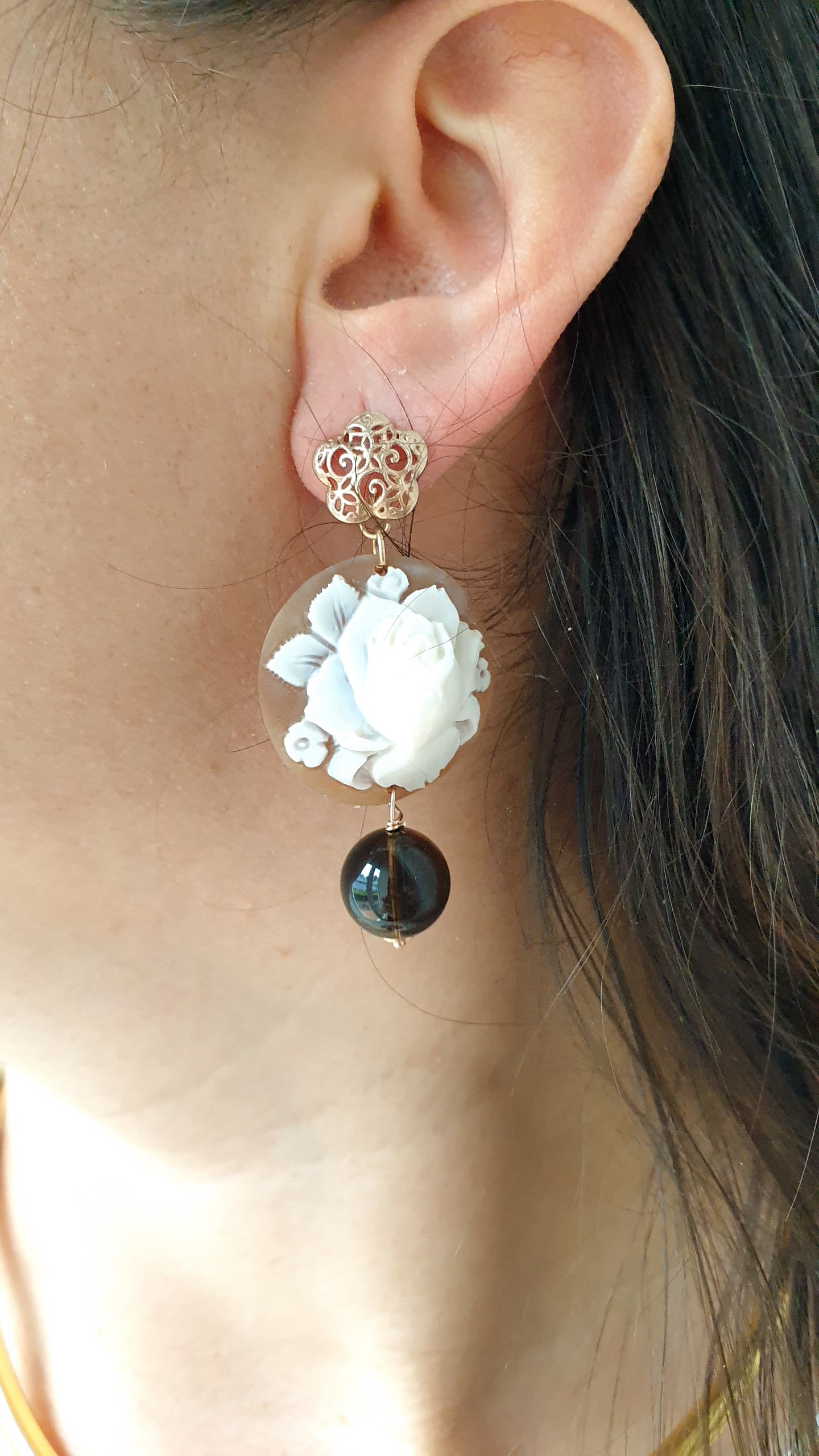Orecchini in argento con cammei e quarzo fumo