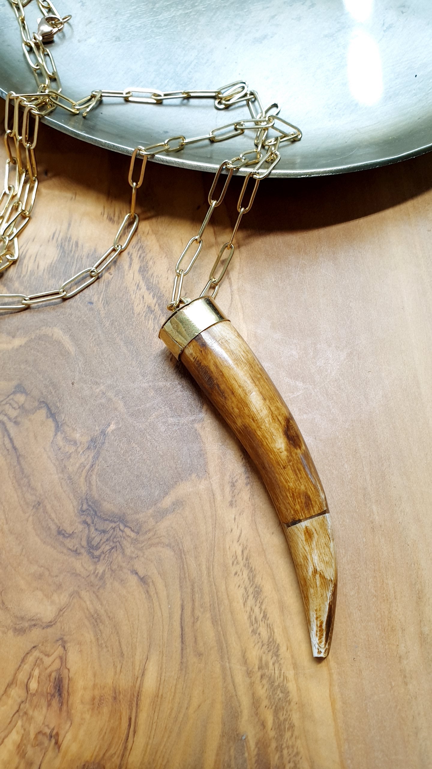 Lunga collana in acciaio con corno