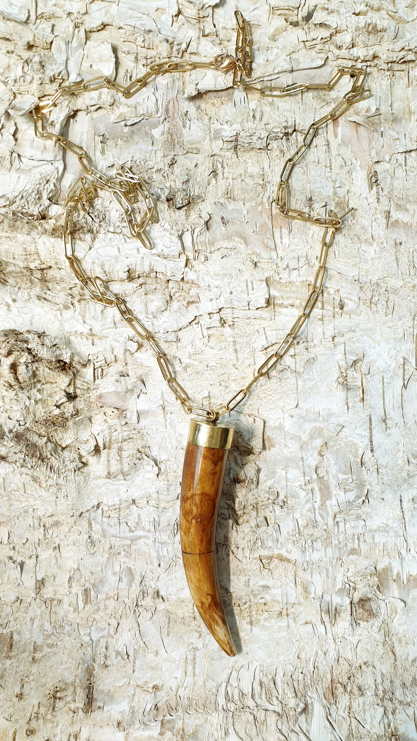 Lunga collana in acciaio con corno