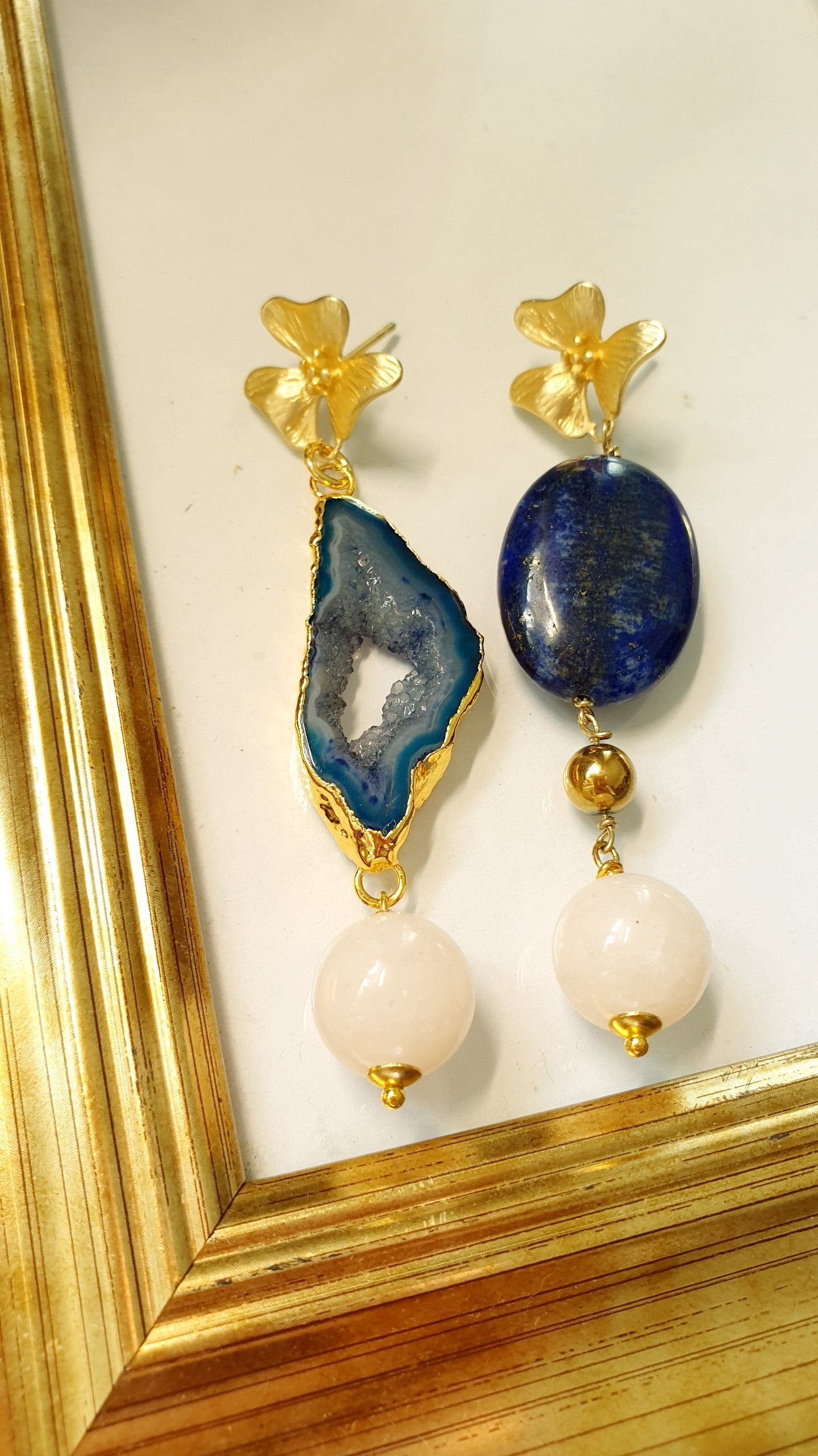 Orecchini in ottone con lapis, drusa di agata, quarzo rosa