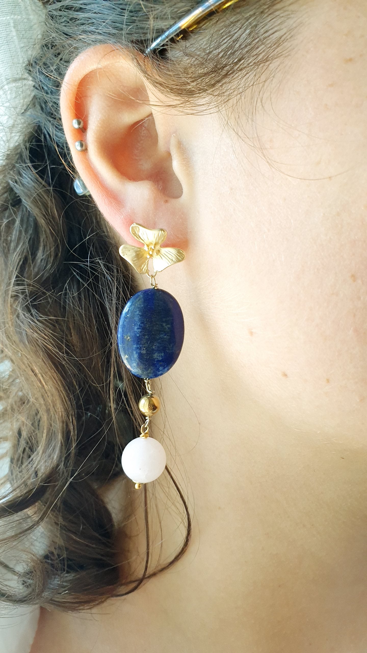 Orecchini in ottone con lapis, drusa di agata, quarzo rosa