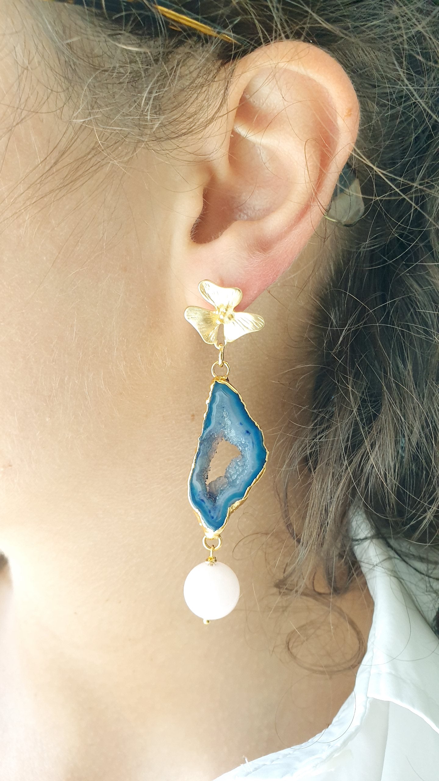 Orecchini in ottone con lapis, drusa di agata, quarzo rosa
