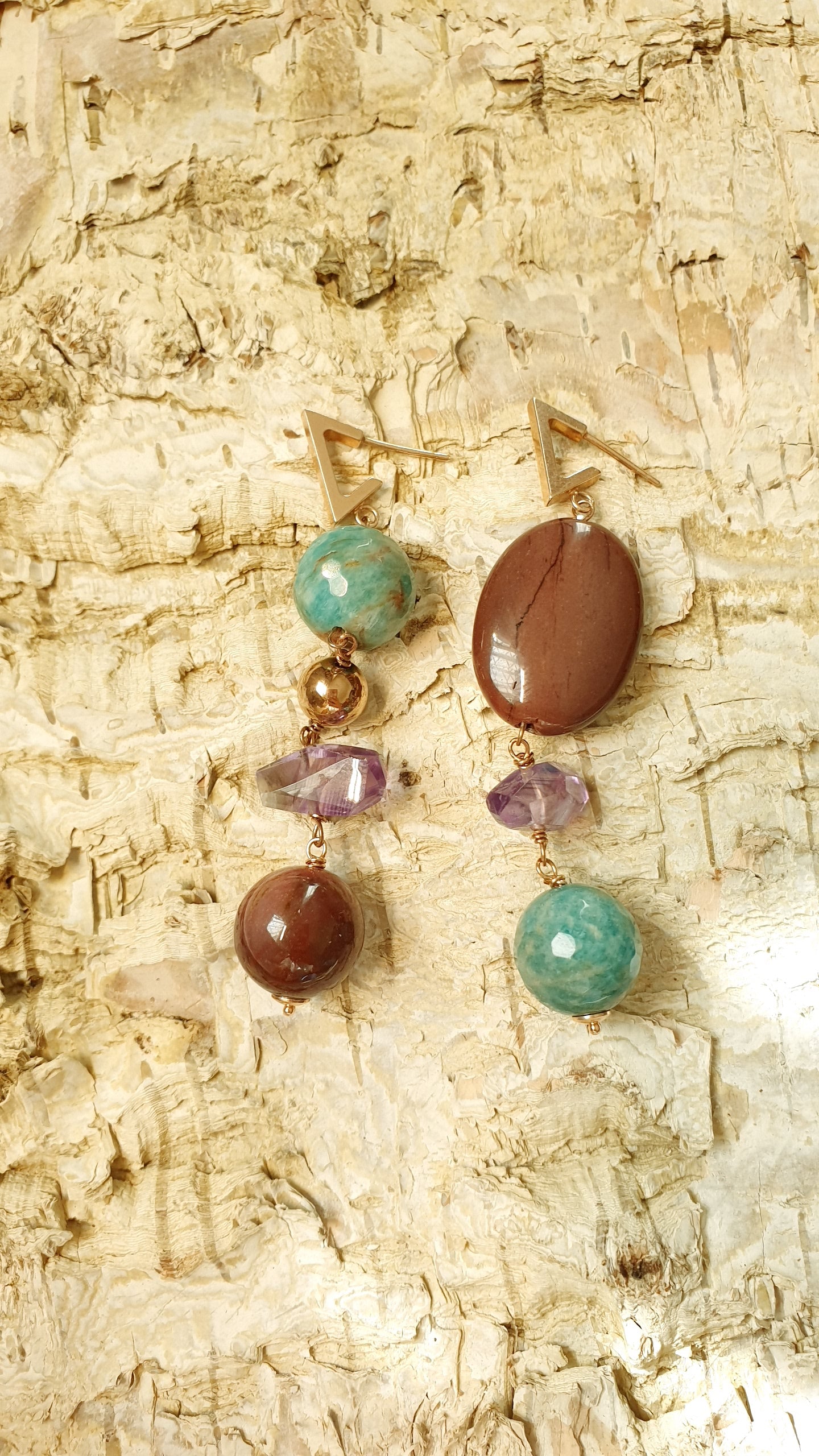 Orecchini in argento con amazzonite, ametista, mokaite
