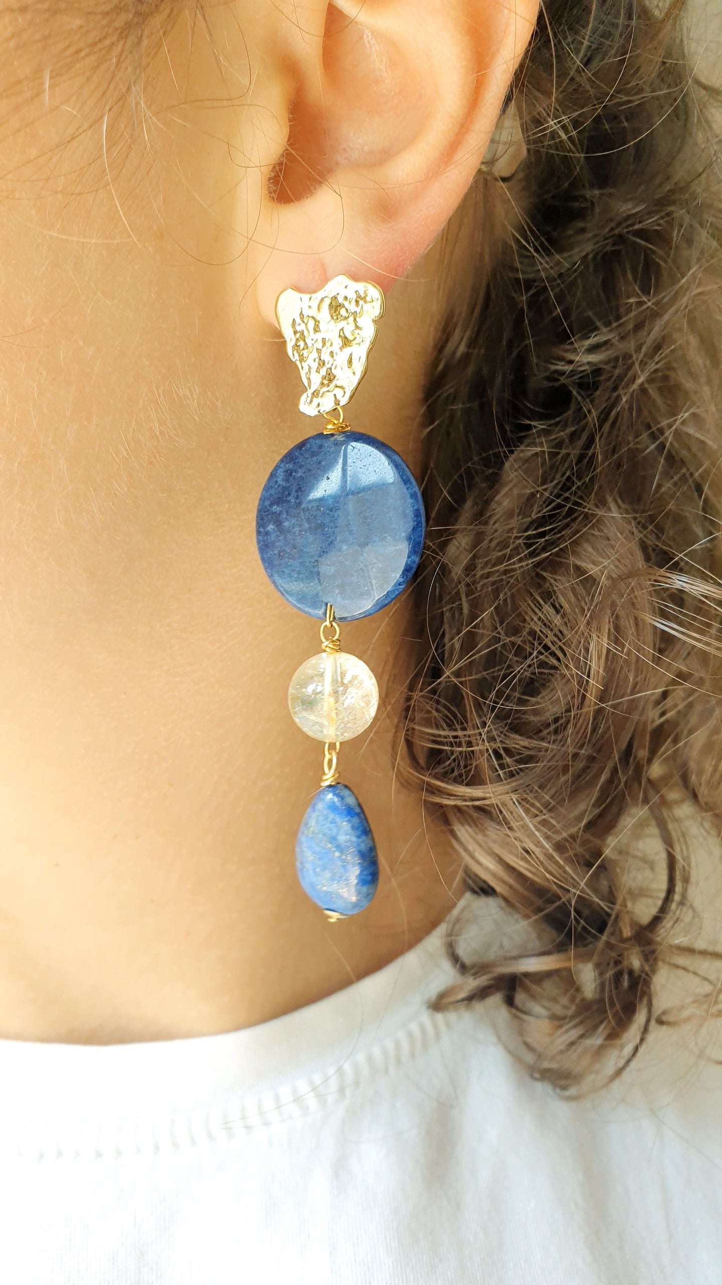 Orecchini in ottone con lapis e quarzo citrino