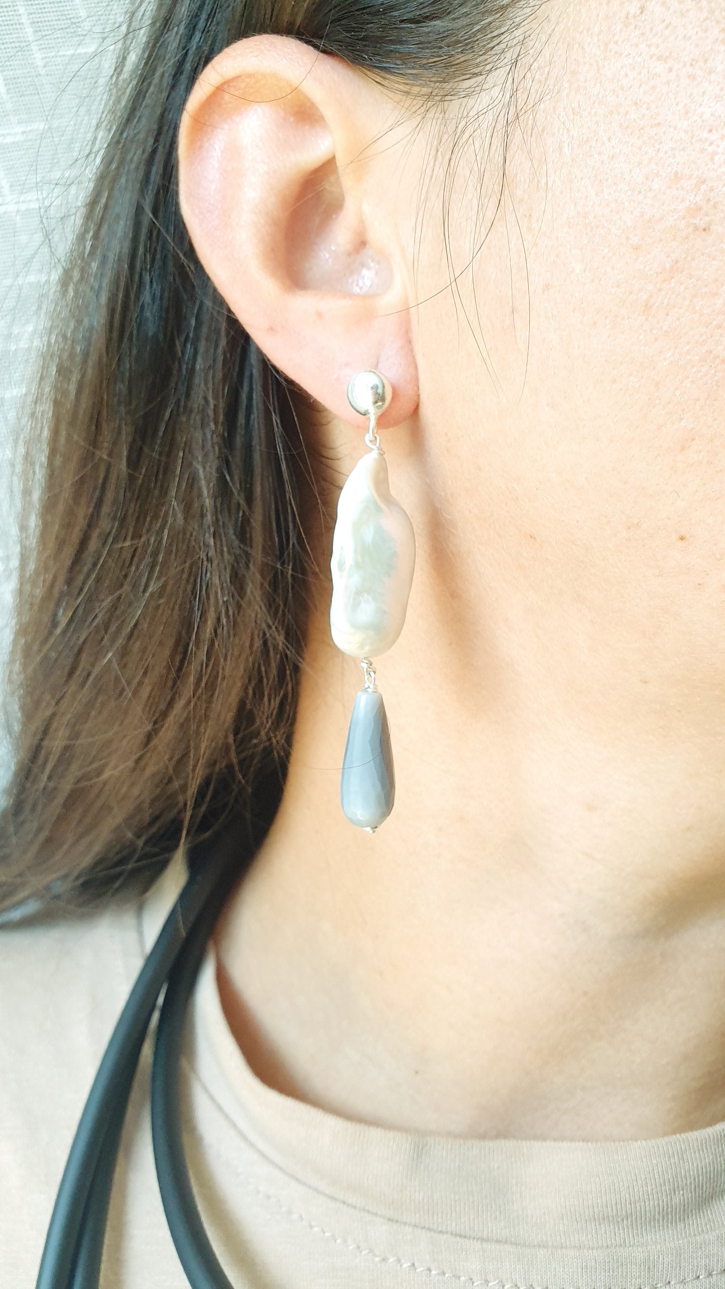 Orecchini in argento con agata concinas, perla barocca, agate, perle di fiume