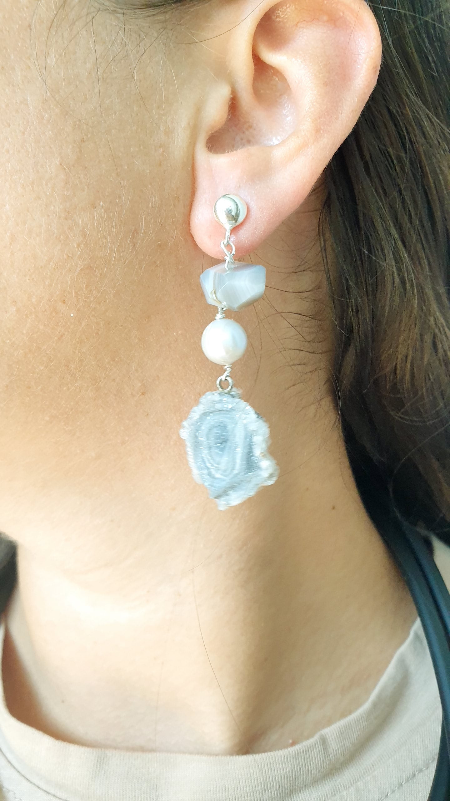 Orecchini in argento con agata concinas, perla barocca, agate, perle di fiume