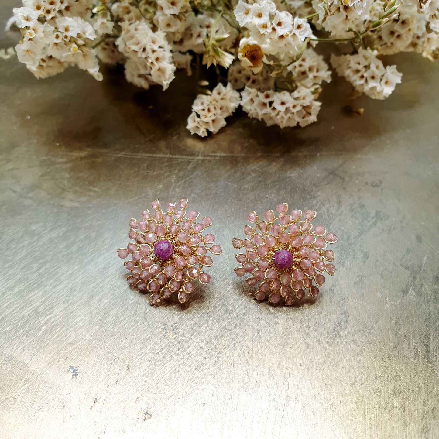 Orecchini in argento con tormalina rosa e granato