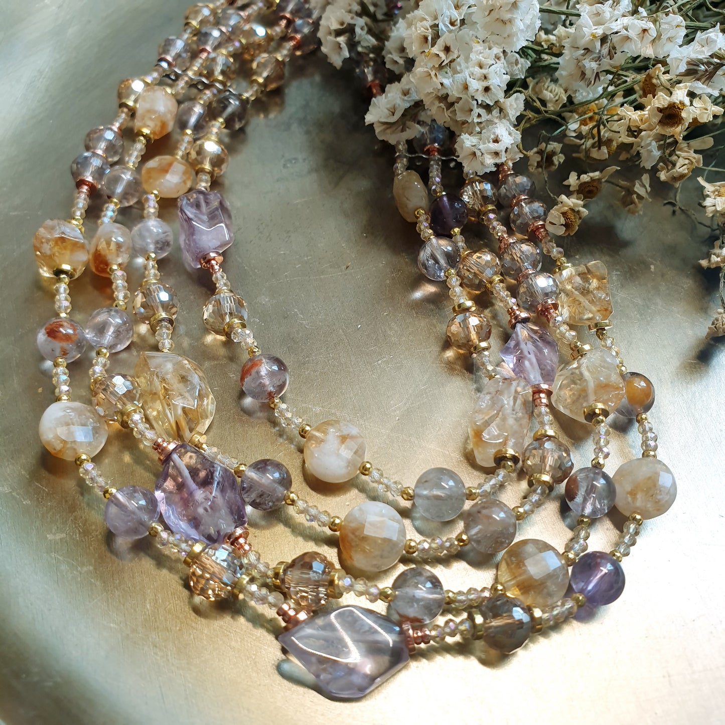 Girocollo a 4 fili con ametista e citrino