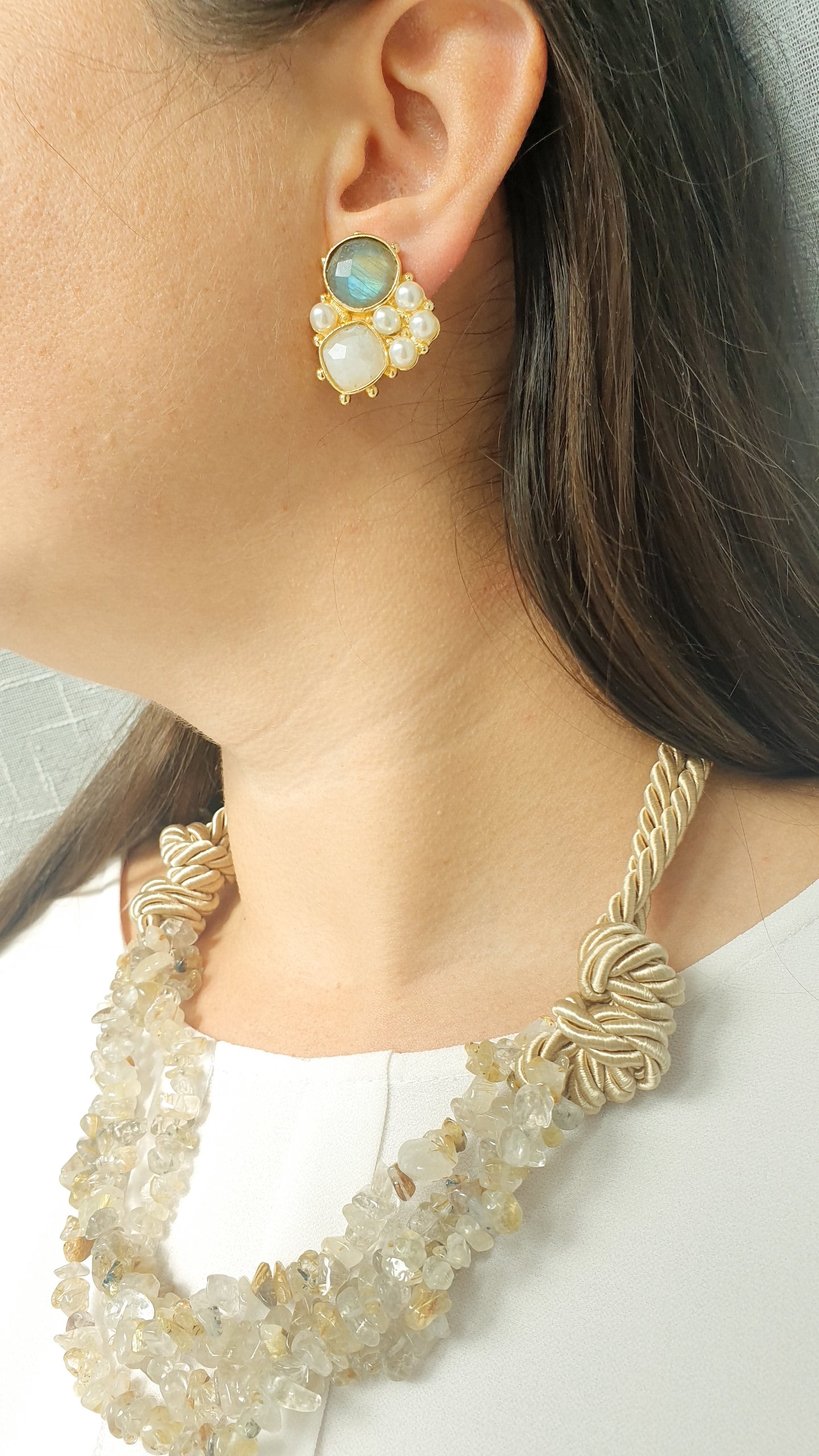 Orecchini in ottone con labradorite, quarzo citrino, perline