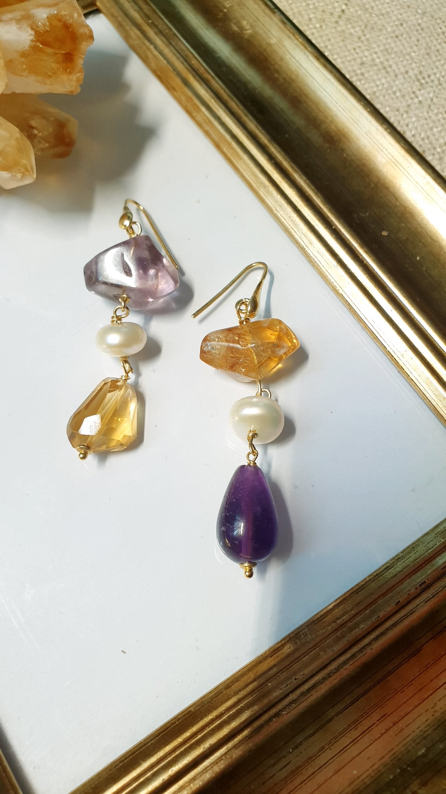 Orecchini in argento con Ametiste, citrino, perle