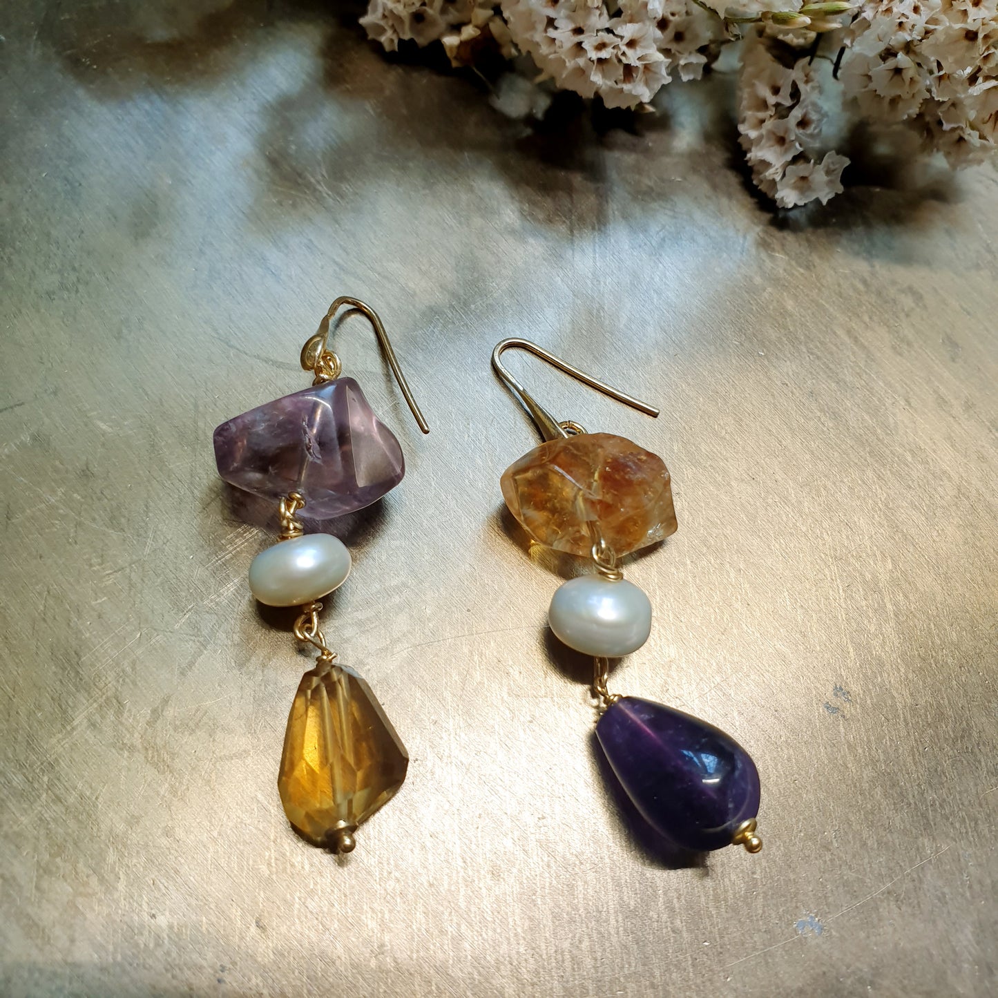 Orecchini in argento con Ametiste, citrino, perle