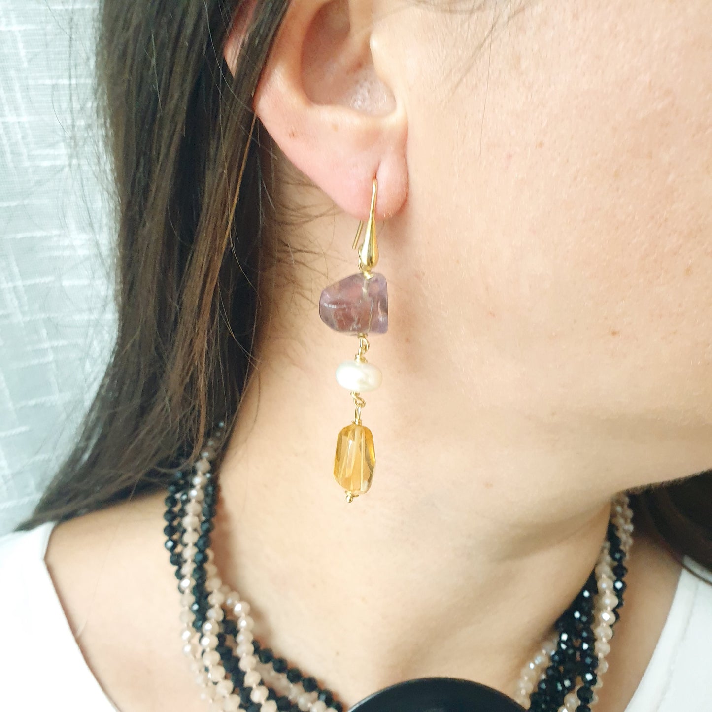 Orecchini in argento con Ametiste, citrino, perle