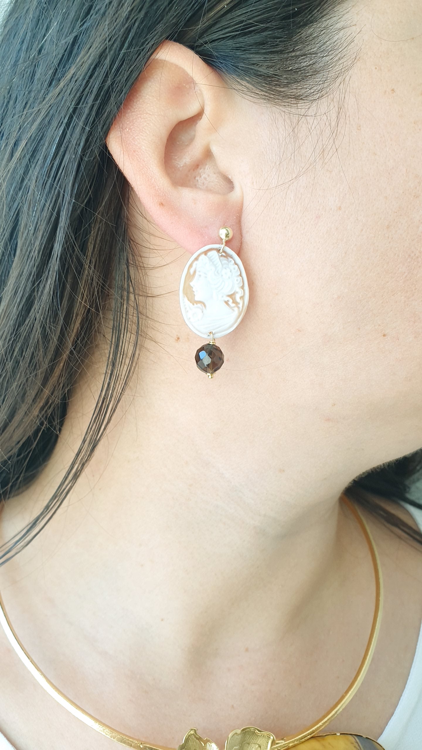 Orecchini in argento con cammei e quarzo fumo