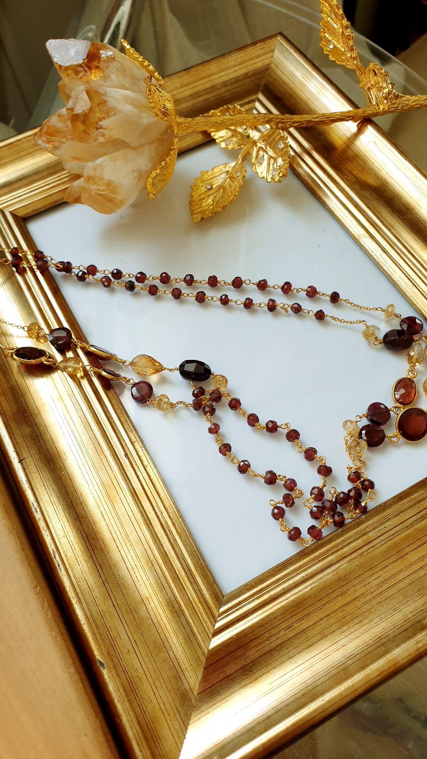 Lunga collana in argento con granato e citrino