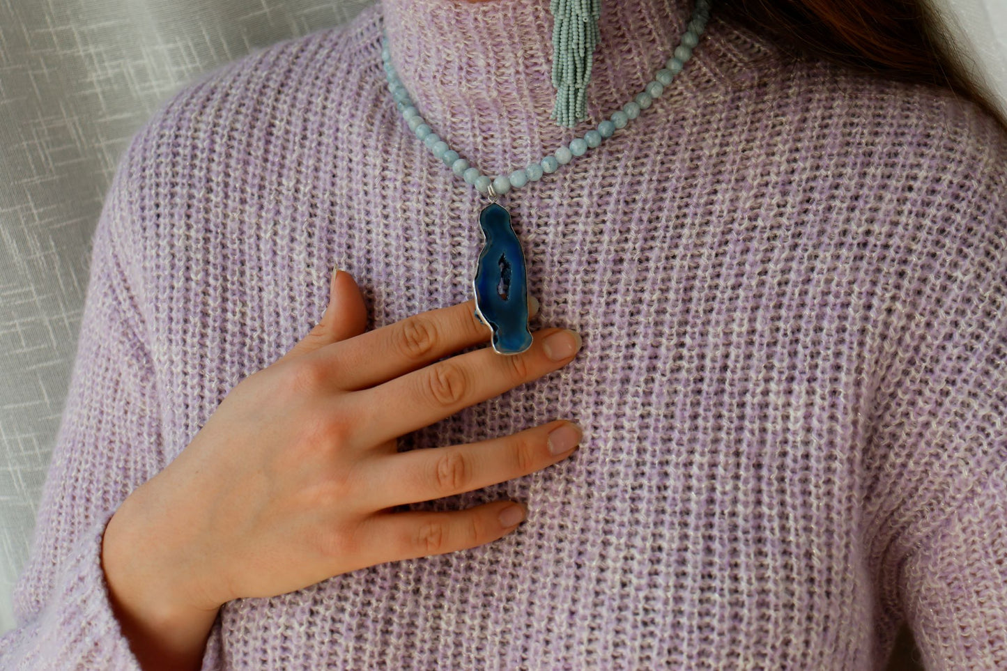 Collana in argento con acquamarina e drusa di agata