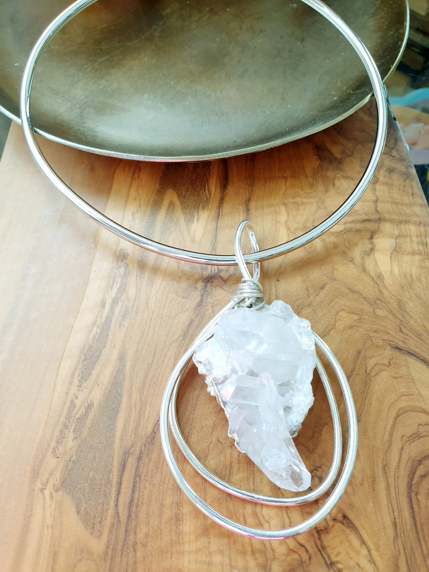 Silver plated choker with clear quartz tips.