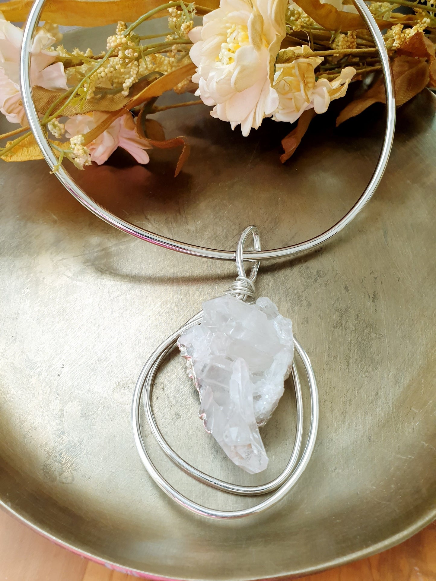 Silver plated choker with clear quartz tips.