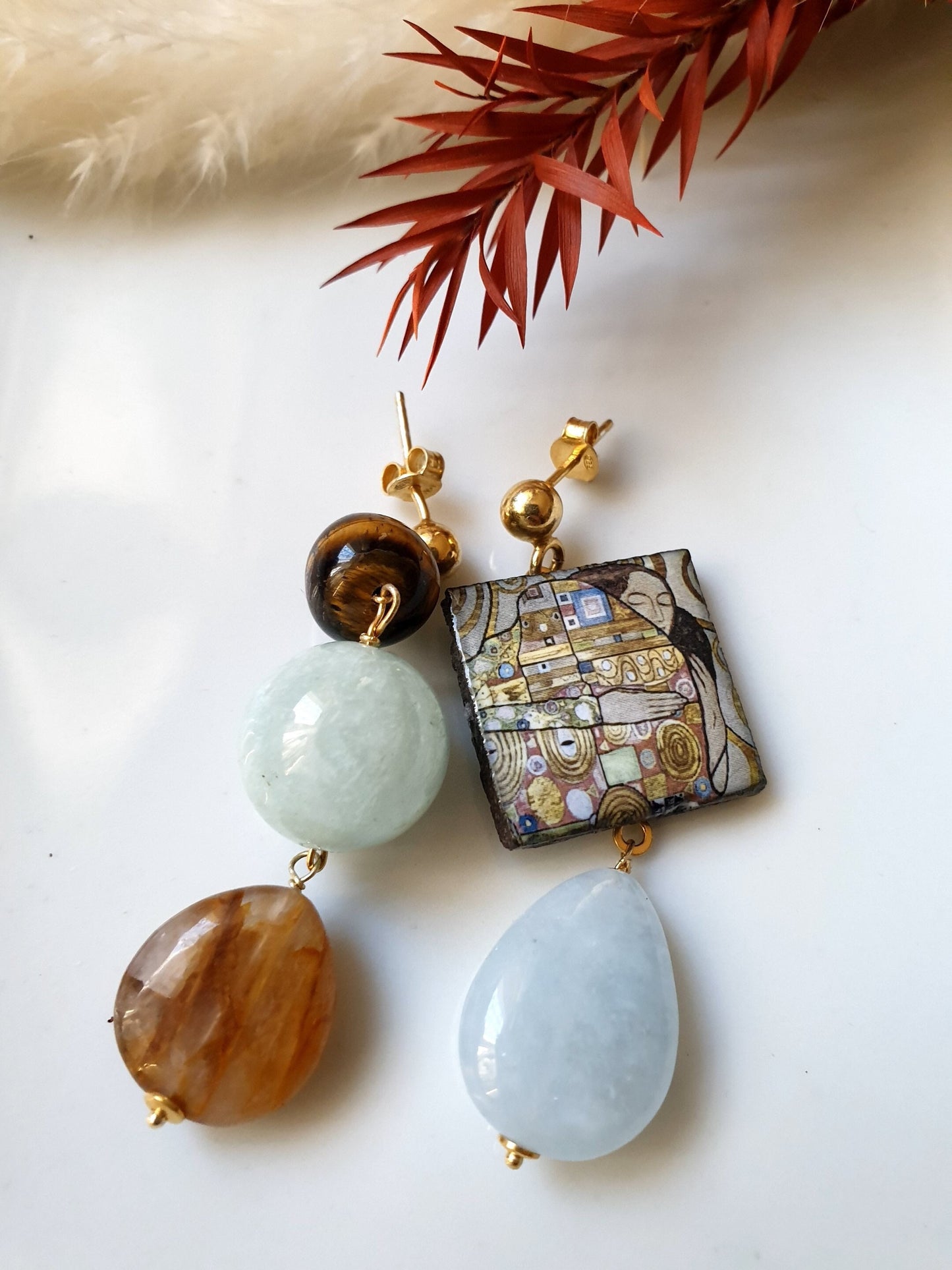 Orecchini in argento con ceramica, acquamarina, giada.