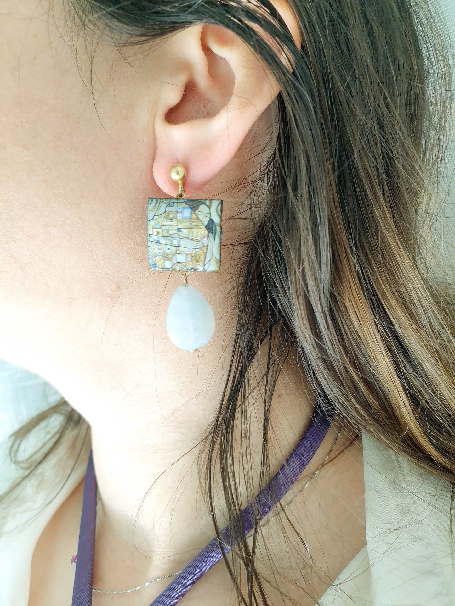Orecchini in argento con ceramica, acquamarina, giada.