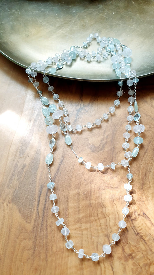 Lunga collana in argento con acquamarina e morganite