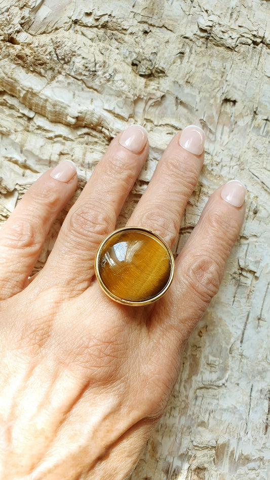 Anello regolabile in ottone con occhio di tigre