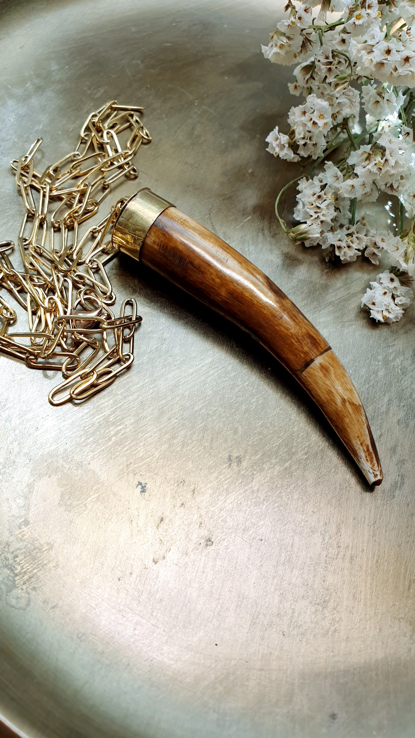 Lunga collana in acciaio con corno