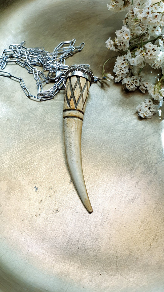 Lunga collana in acciaio con corno