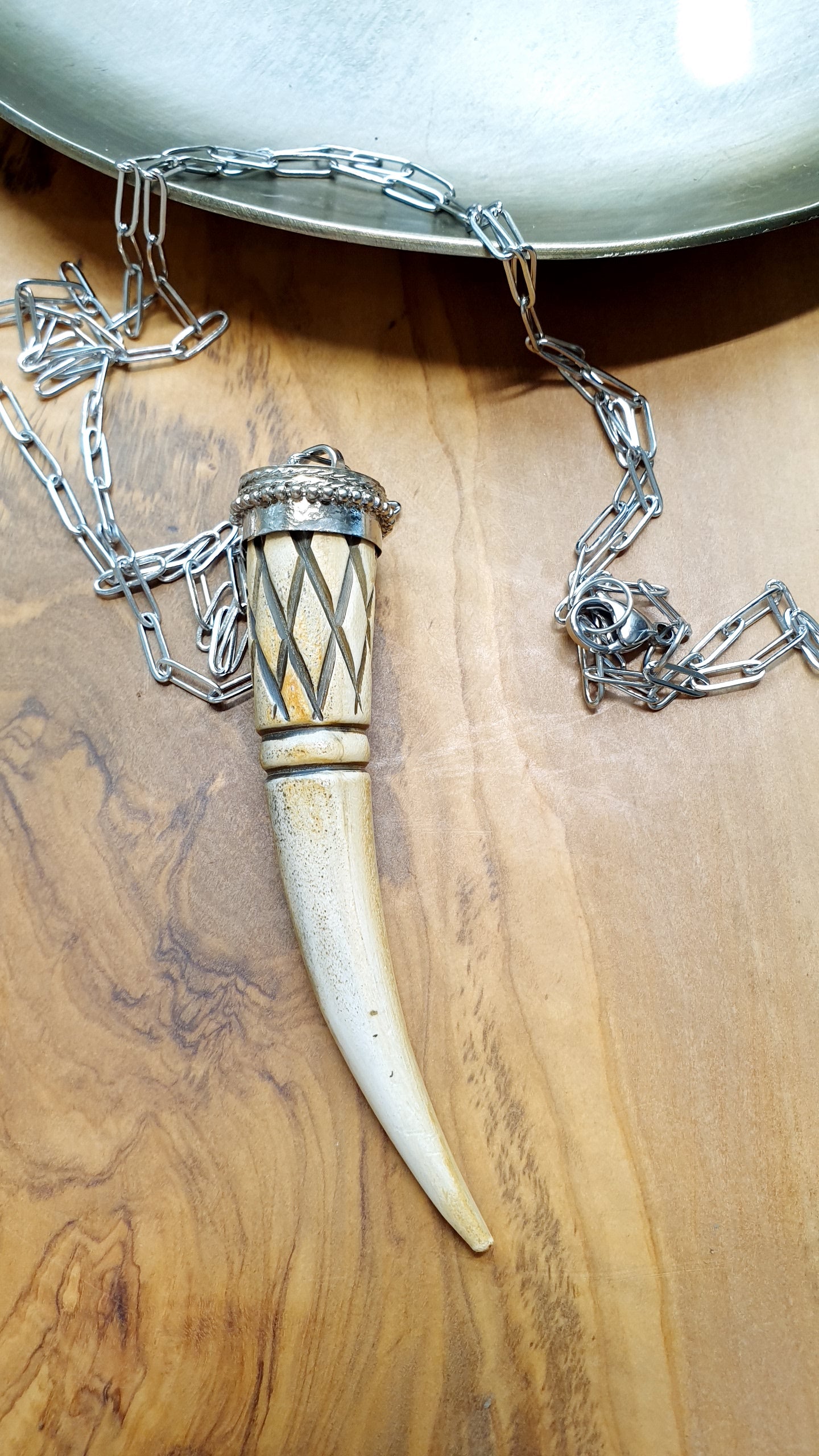 Lunga collana in acciaio con corno