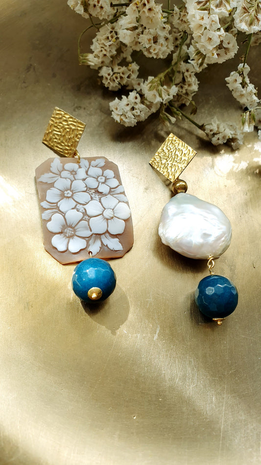 Orecchini asimmetrici  in argento con cammeo, perla, giada