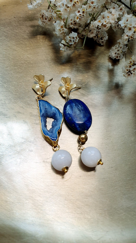 Orecchini in ottone con lapis, drusa di agata, quarzo rosa