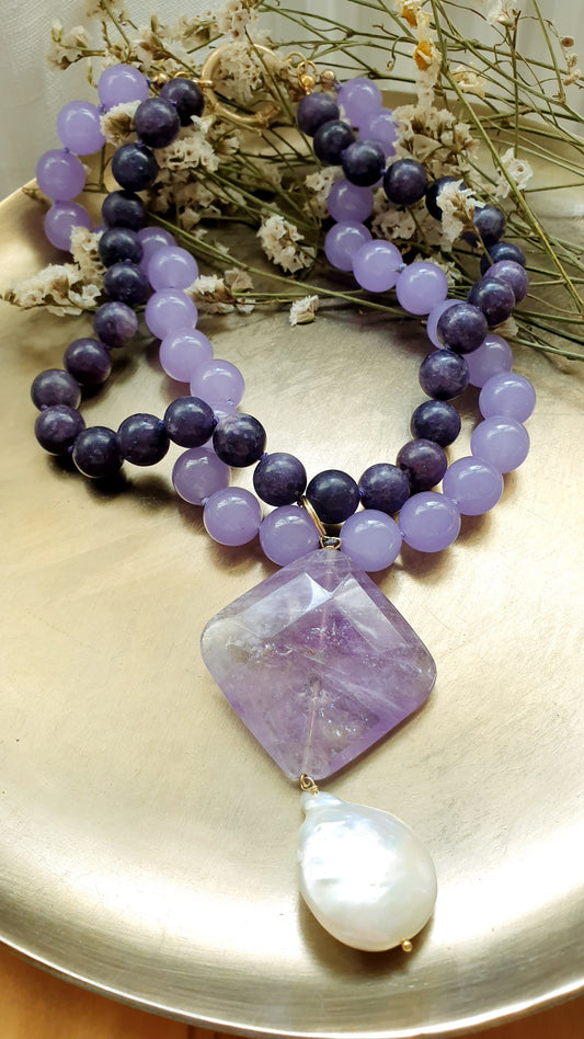 Spettacolare girocollo doppio con lepidolite e giada lavanda