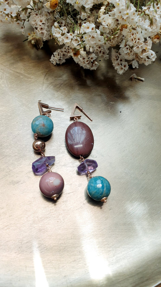 Orecchini in argento con amazzonite, ametista, mokaite