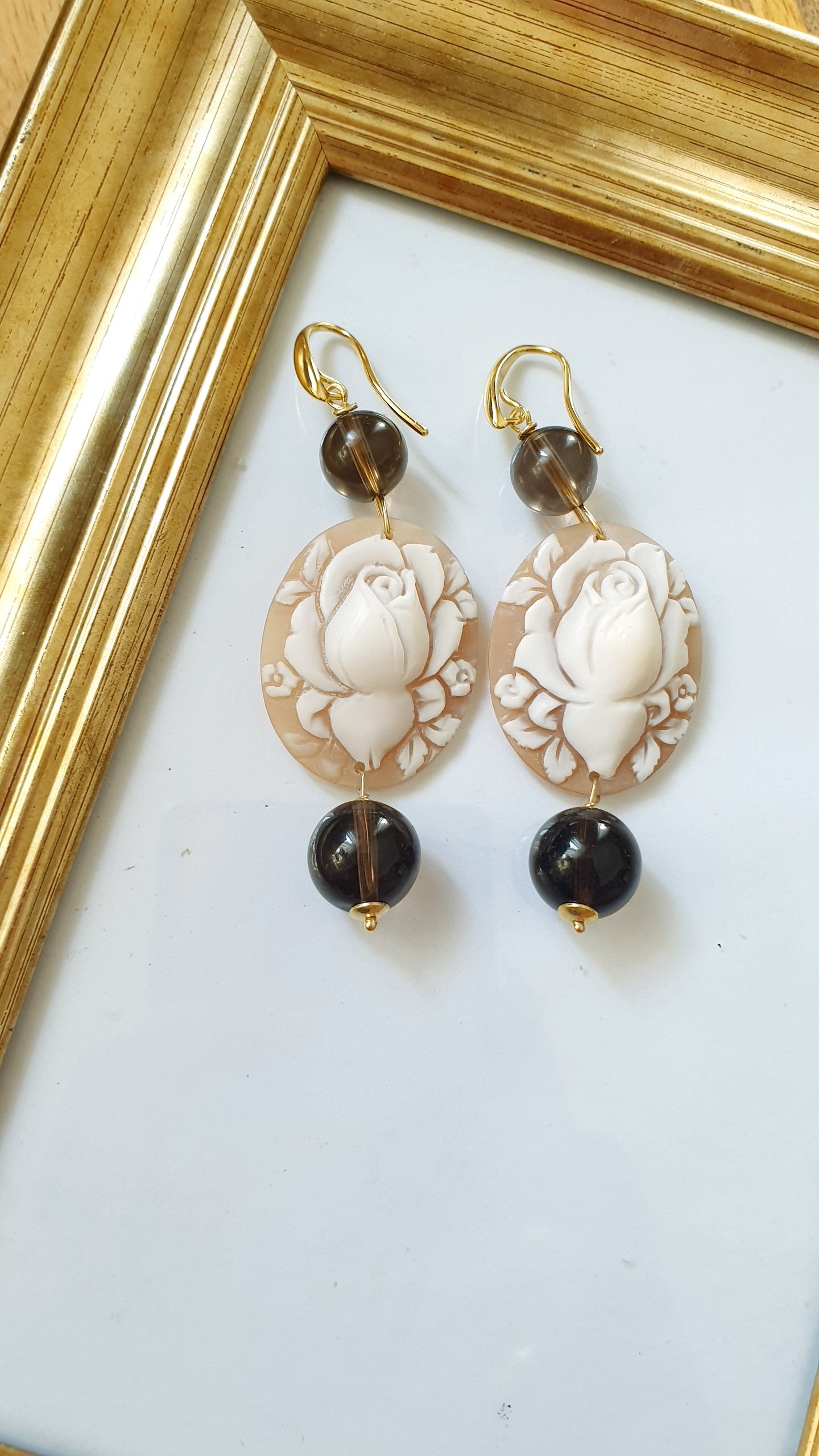 Orecchini in argento con cammei autentici e quarzo fumo