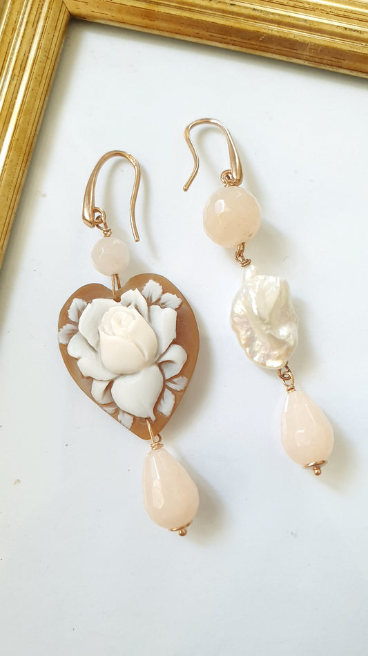 Orecchini in argento con cammeo, quarzo rosa, perla di fiume