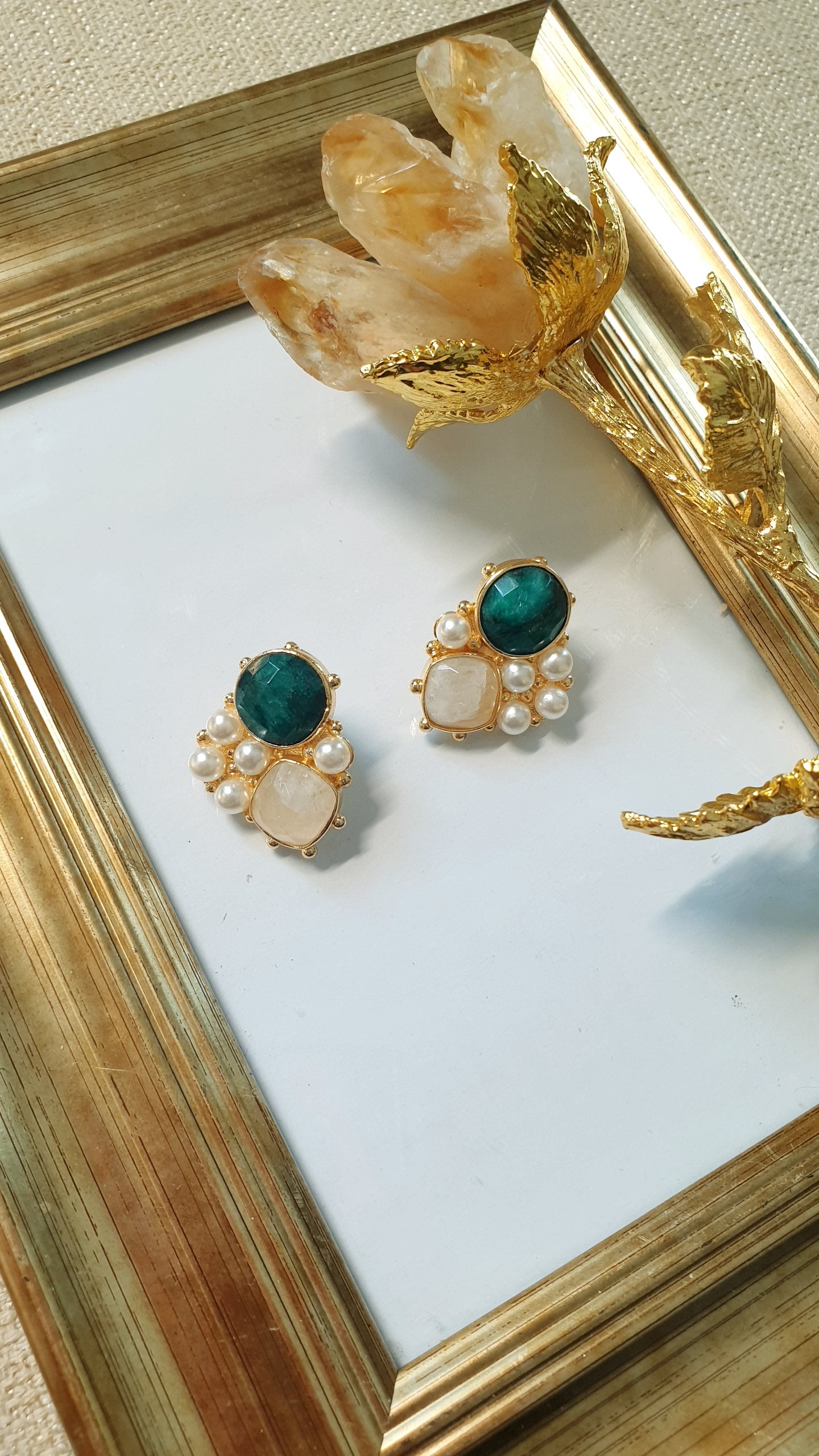 Orecchini in ottone con rubizoisite, citrino, perline