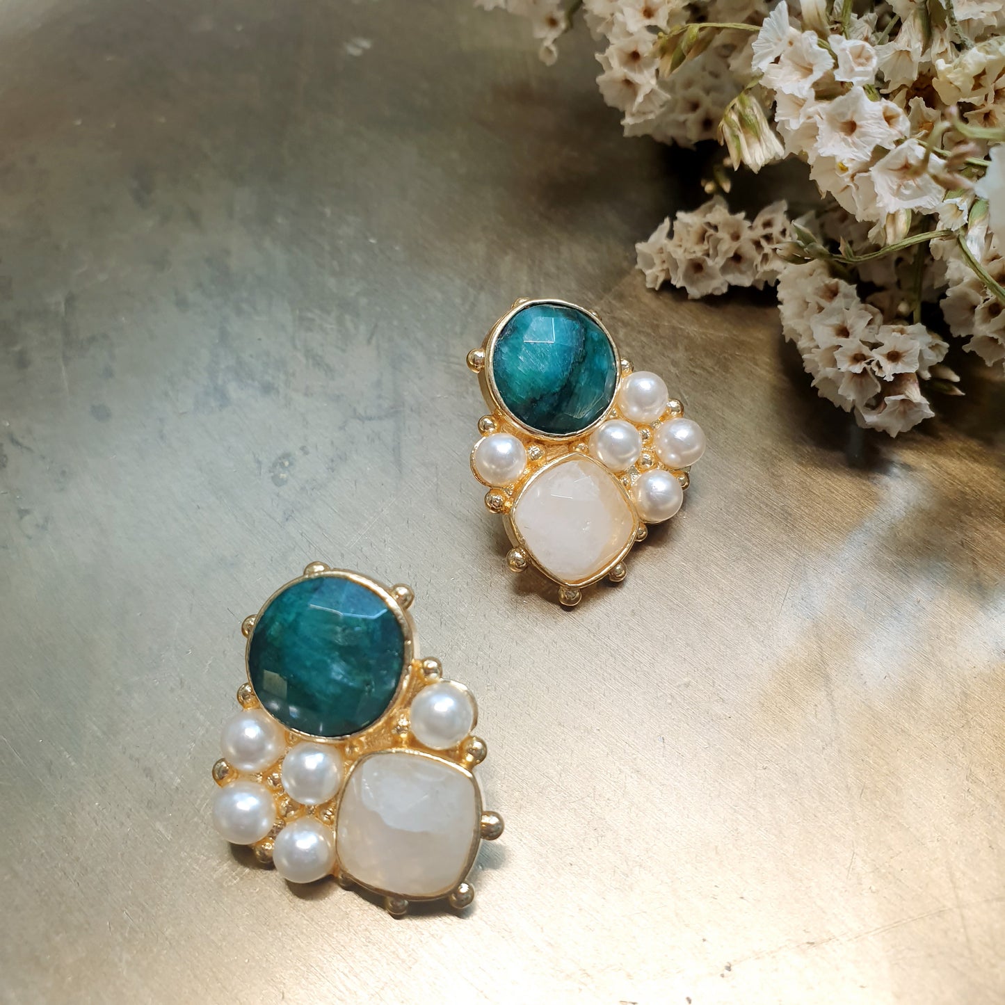 Orecchini in ottone con rubizoisite, citrino, perline