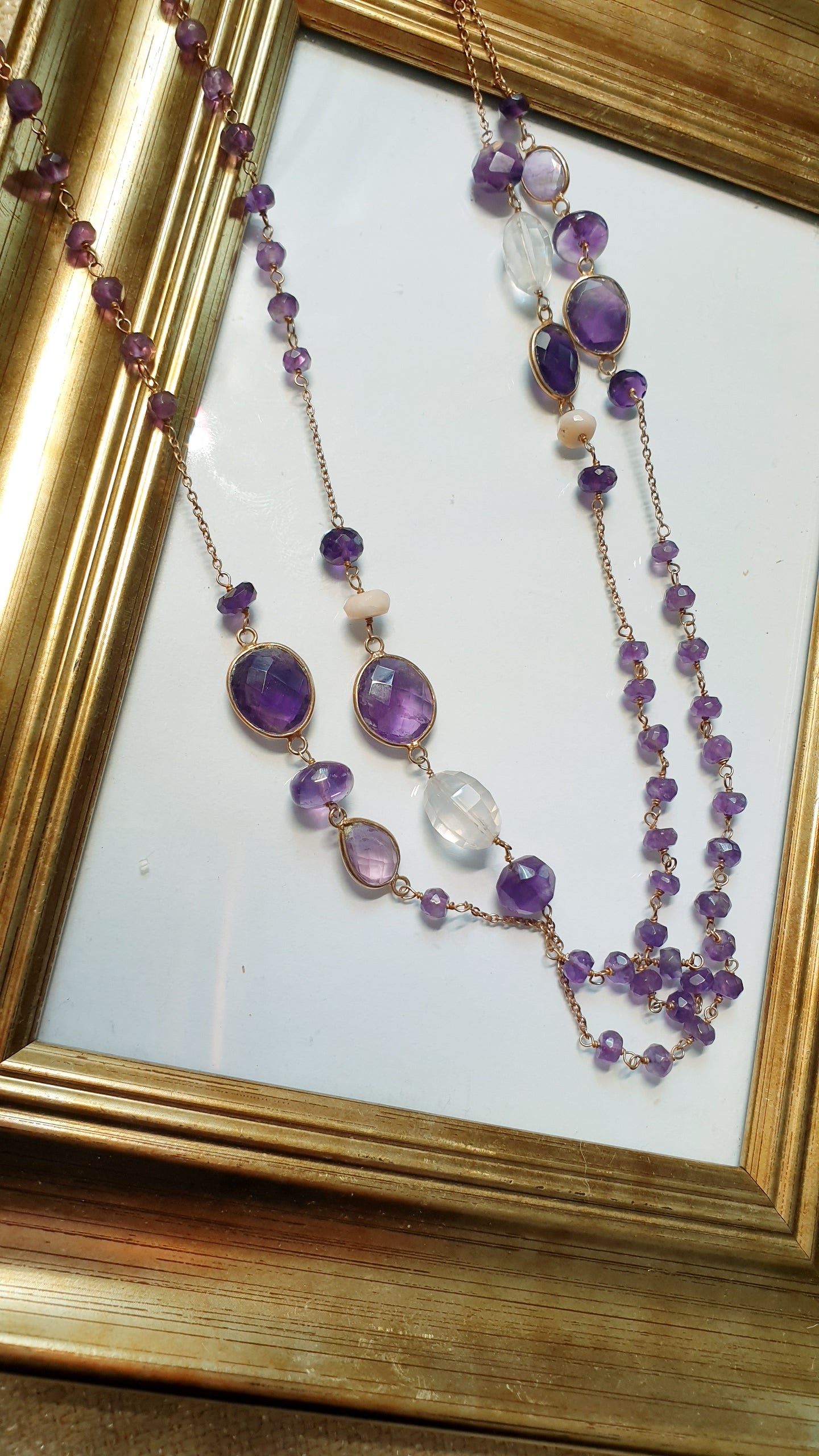 Lunga collana in argento con ametiste e quarzo ialino