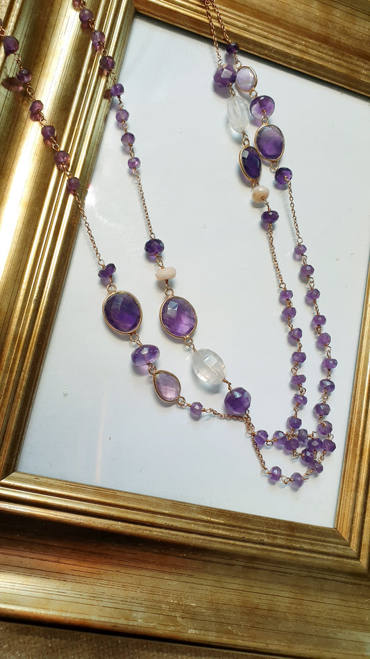 Lunga collana in argento con ametiste e quarzo ialino