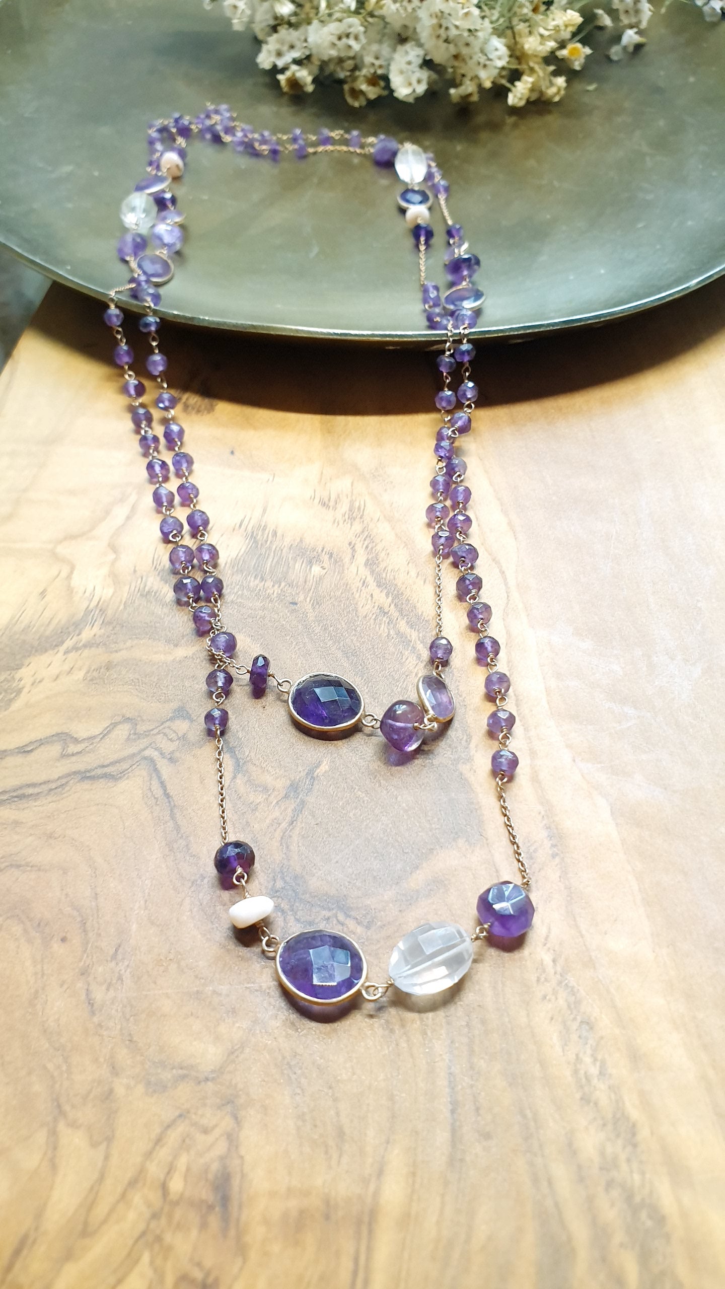 Lunga collana in argento con ametiste e quarzo ialino
