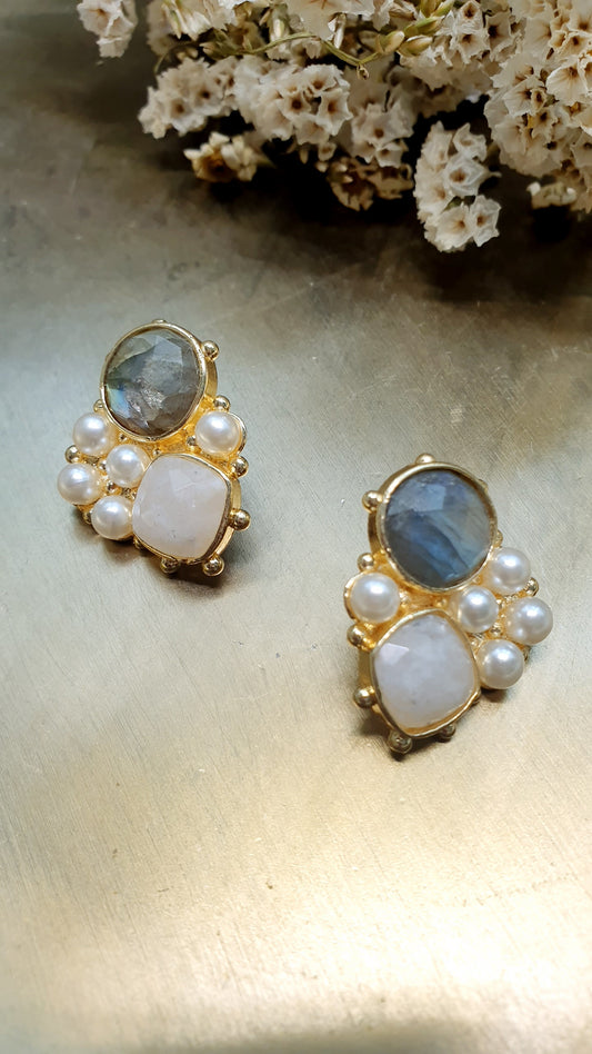 Orecchini in ottone con labradorite, quarzo citrino, perline