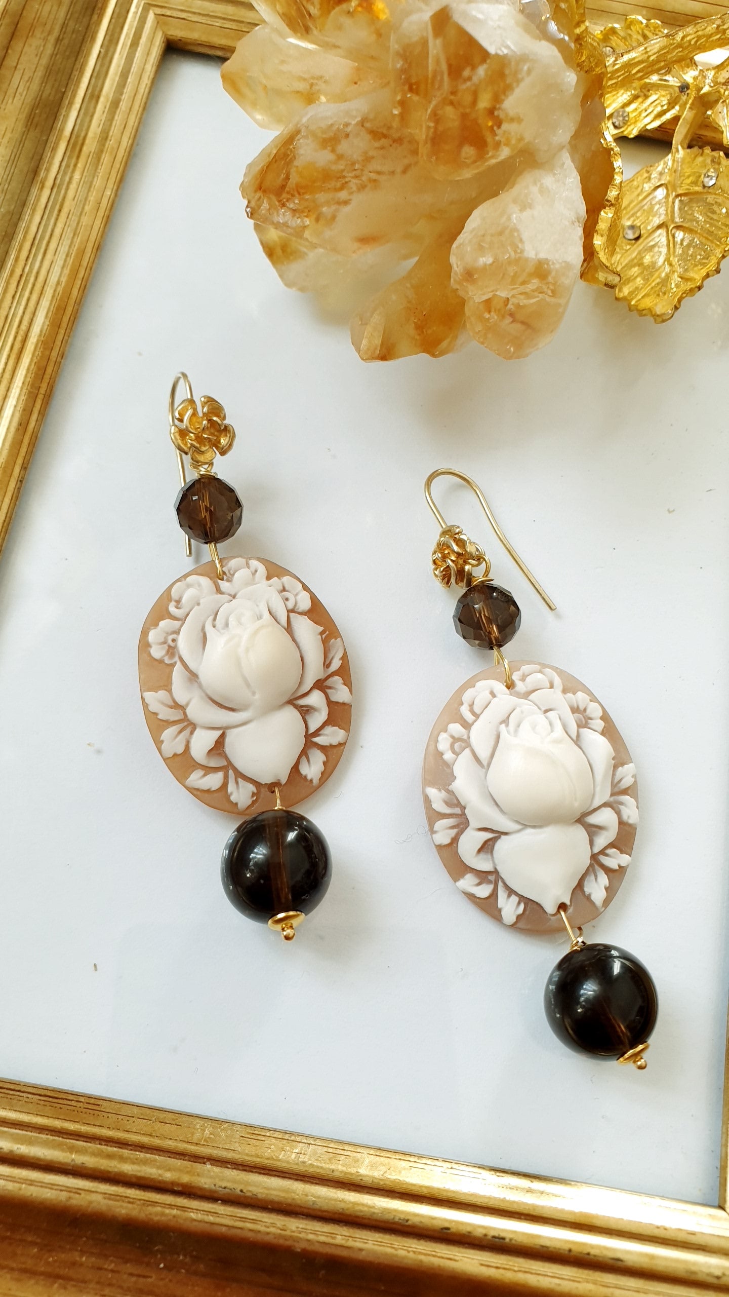 Orecchini in argento con cammei autentici e quarzo fumo